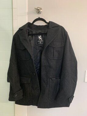 Express Coat Mens Medium Navy Wool Herringbone Military Jacket